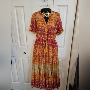 Free People Red and Yellow Patterned Midi Dress